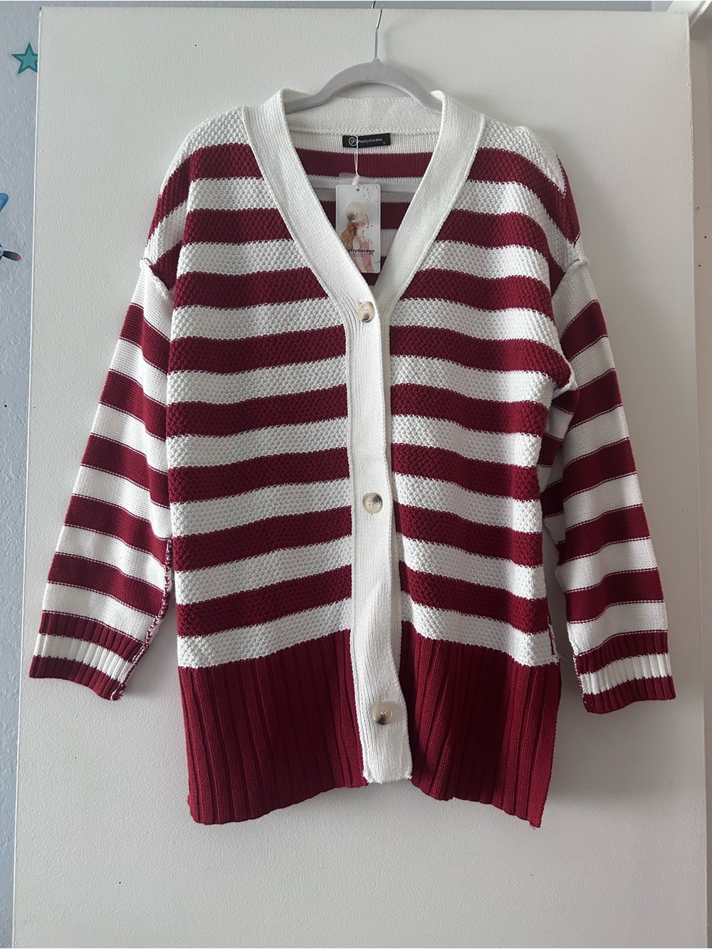 PrettyGarden Striped V-Neck Button Cardigan Sweater - Wine & White
